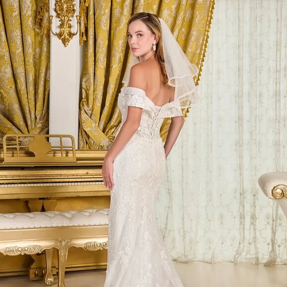 New Off The Shoulder Mesh Wedding Floral Gown w/ Short Veil & Overskirt GL3827 - Picture 8 of 10